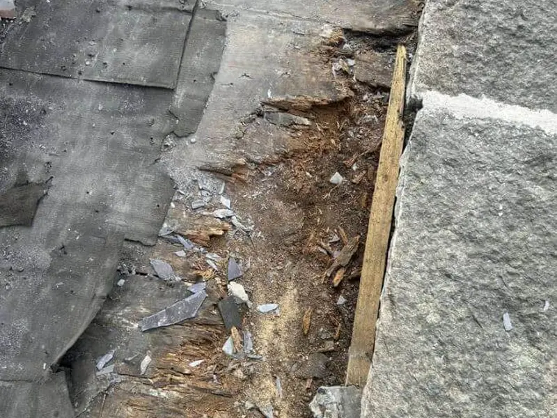 Torn roof covering exposed by storm damage