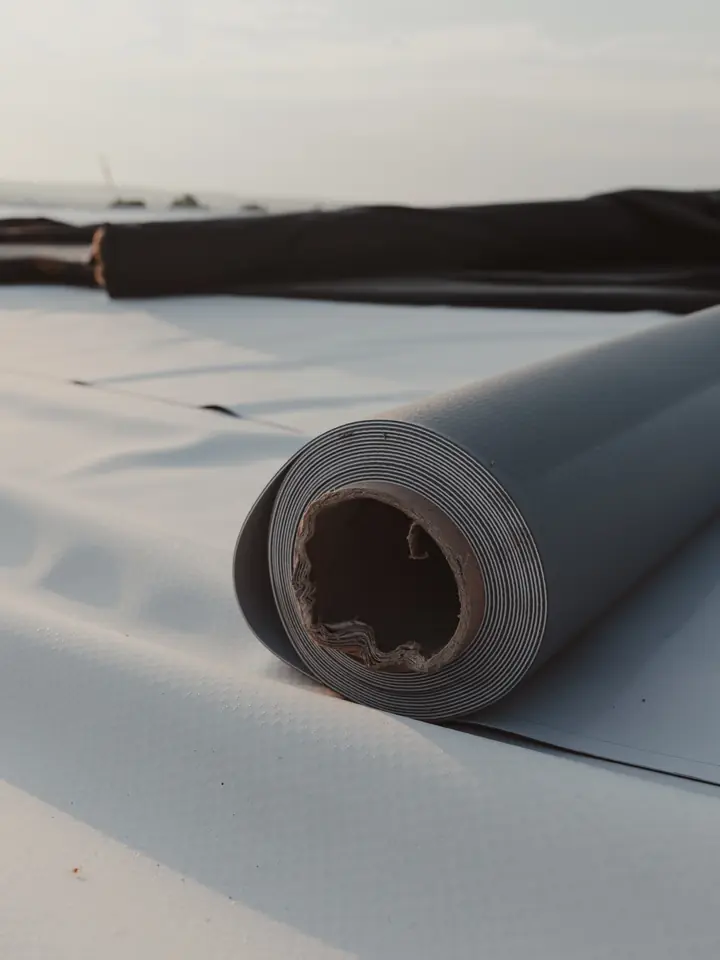 Single-ply rubber membrane rolled out across a flat roof