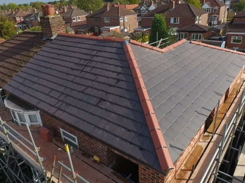 New tiled bungalow roof seen from above